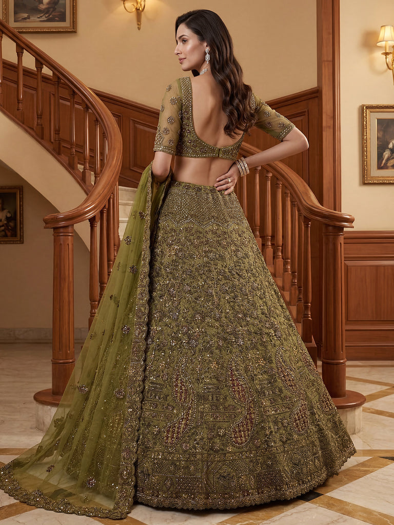 Excellent Olive Green Sequins Net Bridal Lehenga Choli With Dupatta