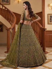 Excellent Olive Green Sequins Net Bridal Lehenga Choli With Dupatta