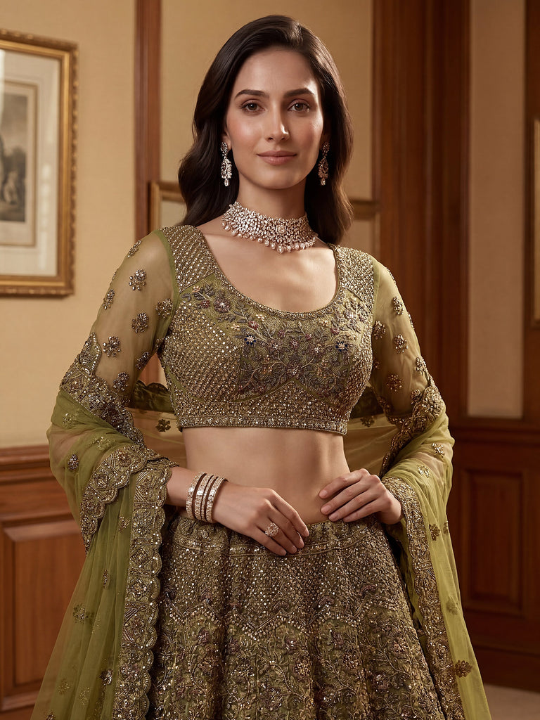 Excellent Olive Green Sequins Net Bridal Lehenga Choli With Dupatta