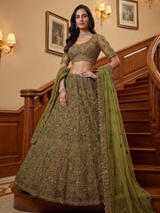 Excellent Olive Green Sequins Net Bridal Lehenga Choli With Dupatta