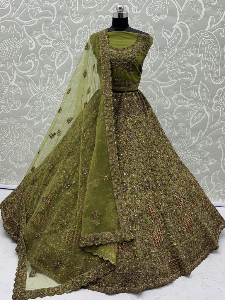 Excellent Olive Green Sequins Net Bridal Lehenga Choli With Dupatta