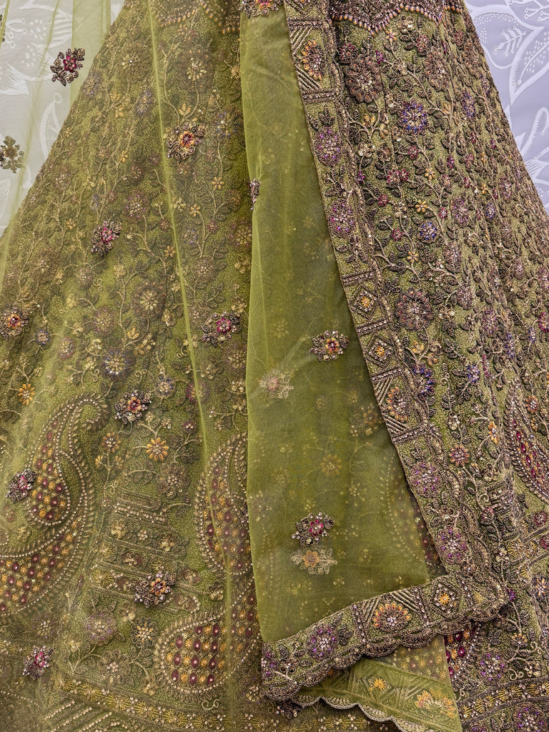 Excellent Olive Green Sequins Net Bridal Lehenga Choli With Dupatta