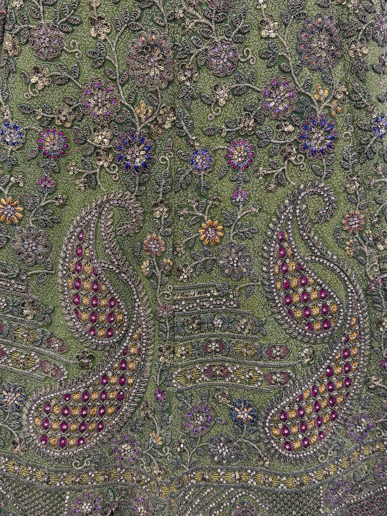 Excellent Olive Green Sequins Net Bridal Lehenga Choli With Dupatta