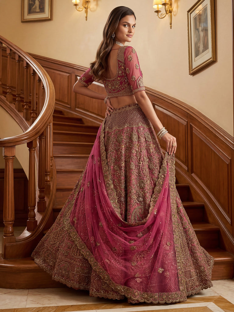 Royal Pink Multi Thread Work Net Bridal Lehenga Choli With Dupatta
