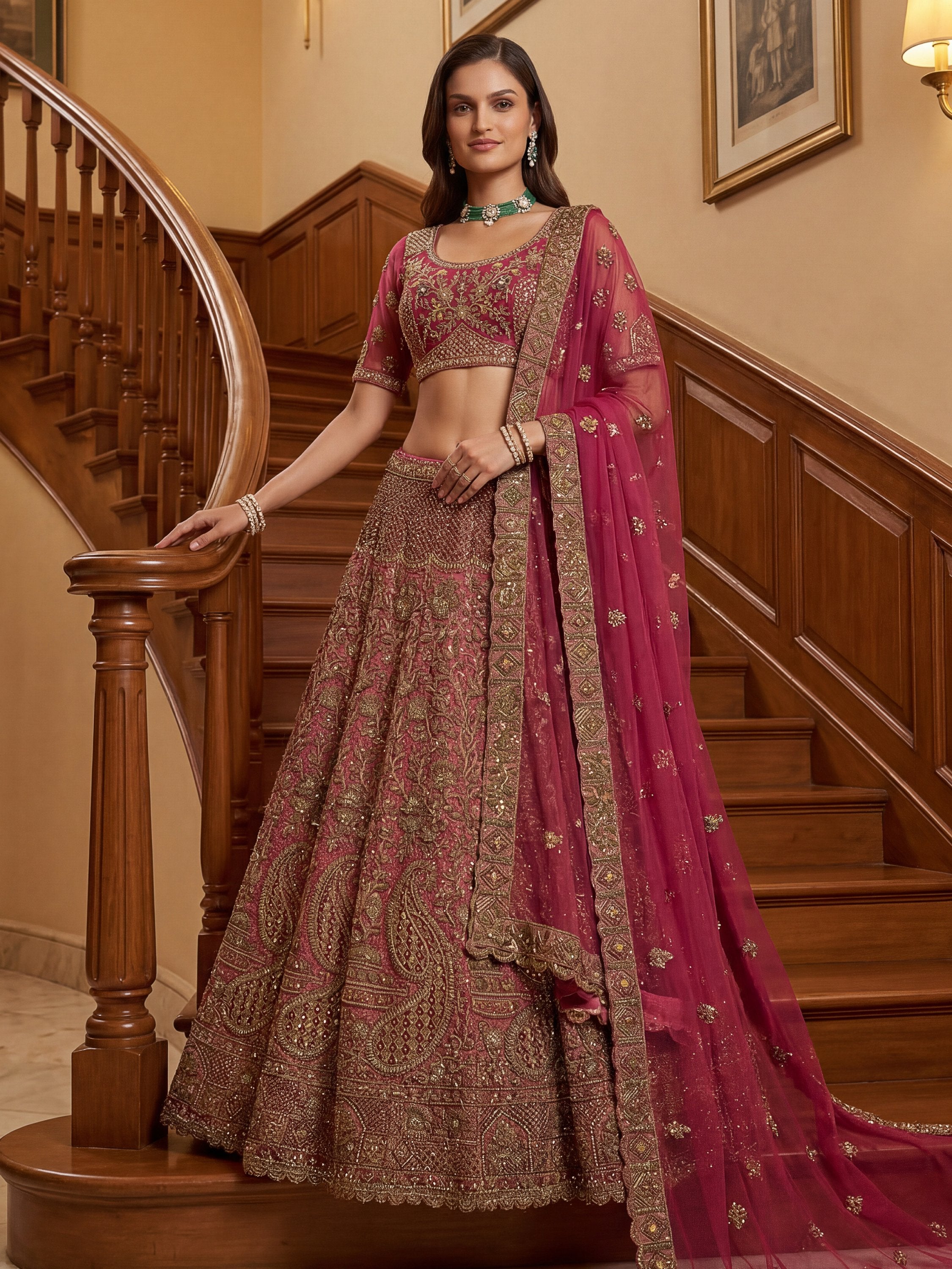 Royal Pink Multi Thread Work Net Bridal Lehenga Choli With Dupatta