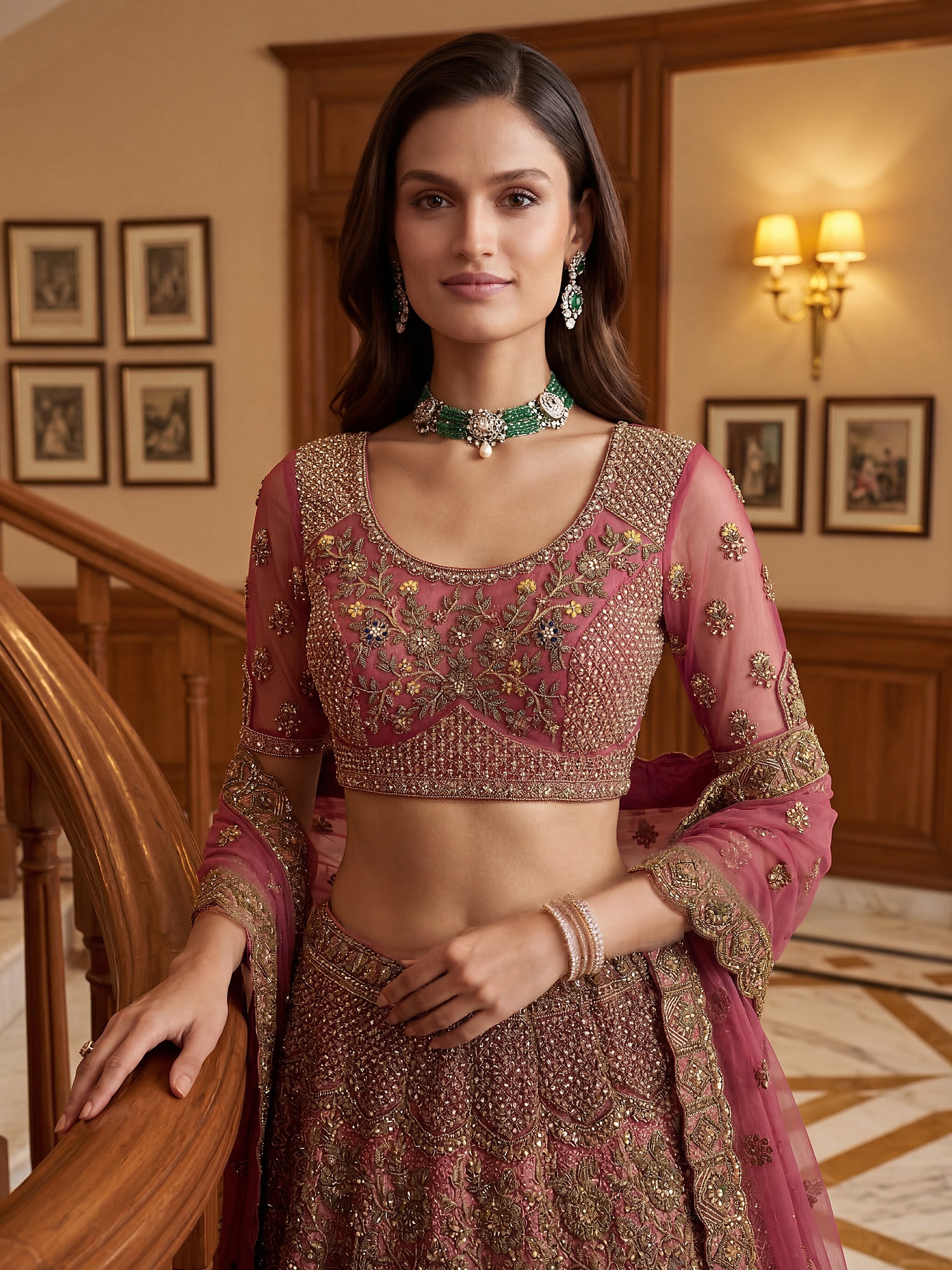 Royal Pink Multi Thread Work Net Bridal Lehenga Choli With Dupatta