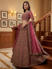 Royal Pink Multi Thread Work Net Bridal Lehenga Choli With Dupatta