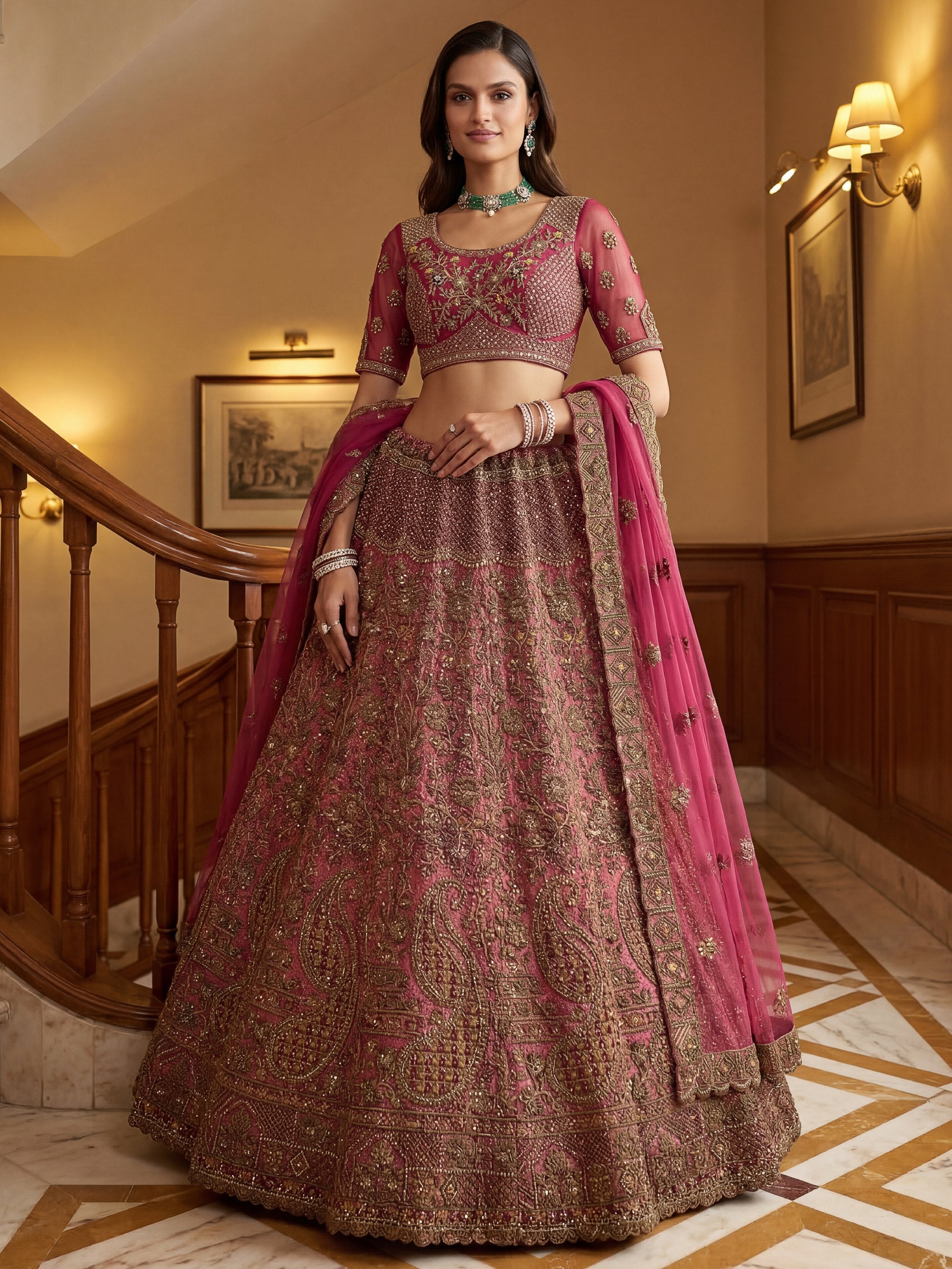 Royal Pink Multi Thread Work Net Bridal Lehenga Choli With Dupatta