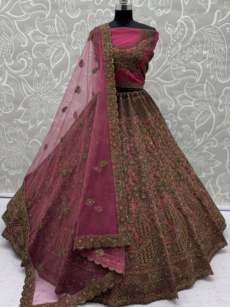 Royal Pink Multi Thread Work Net Bridal Lehenga Choli With Dupatta