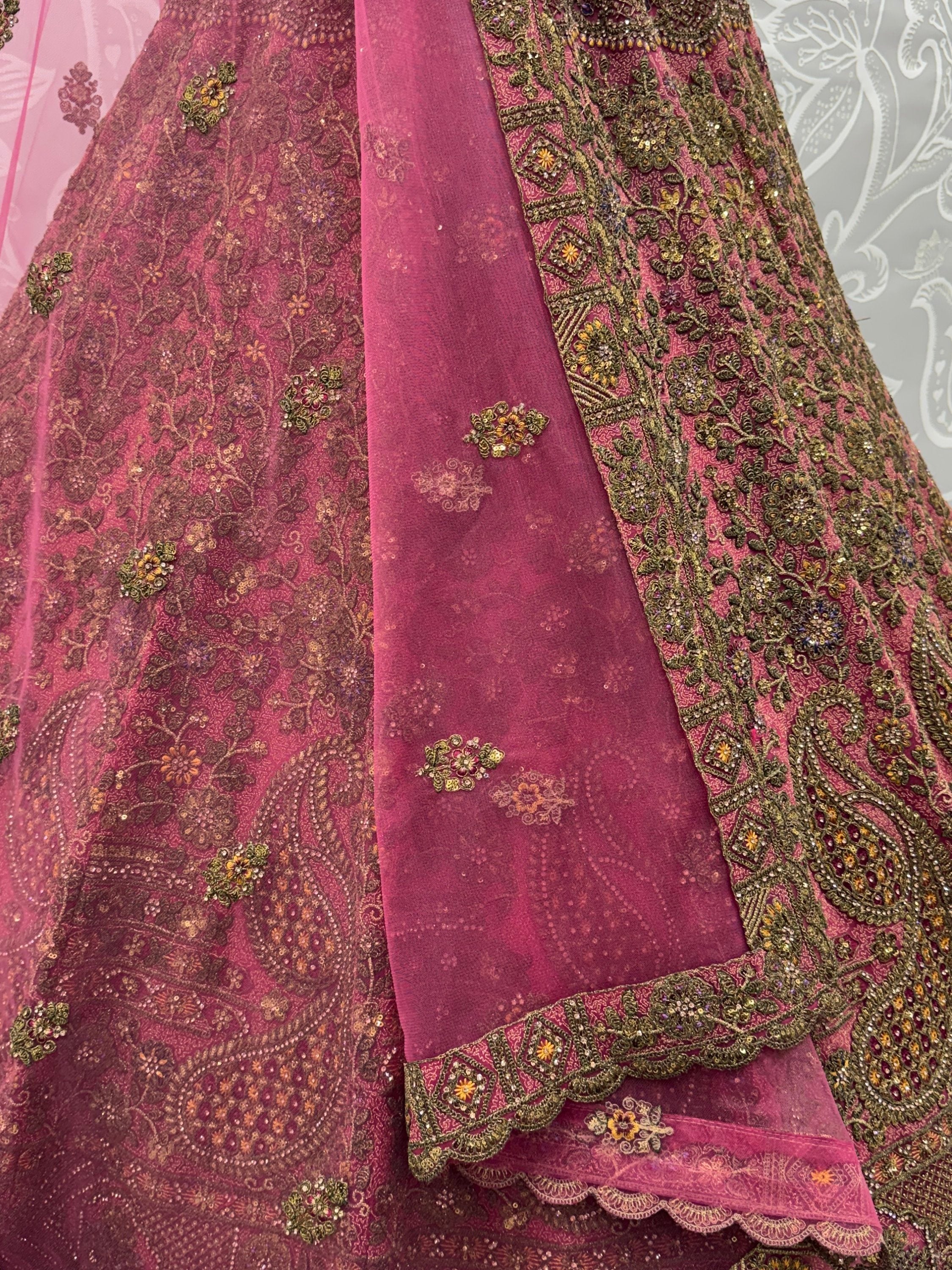 Royal Pink Multi Thread Work Net Bridal Lehenga Choli With Dupatta