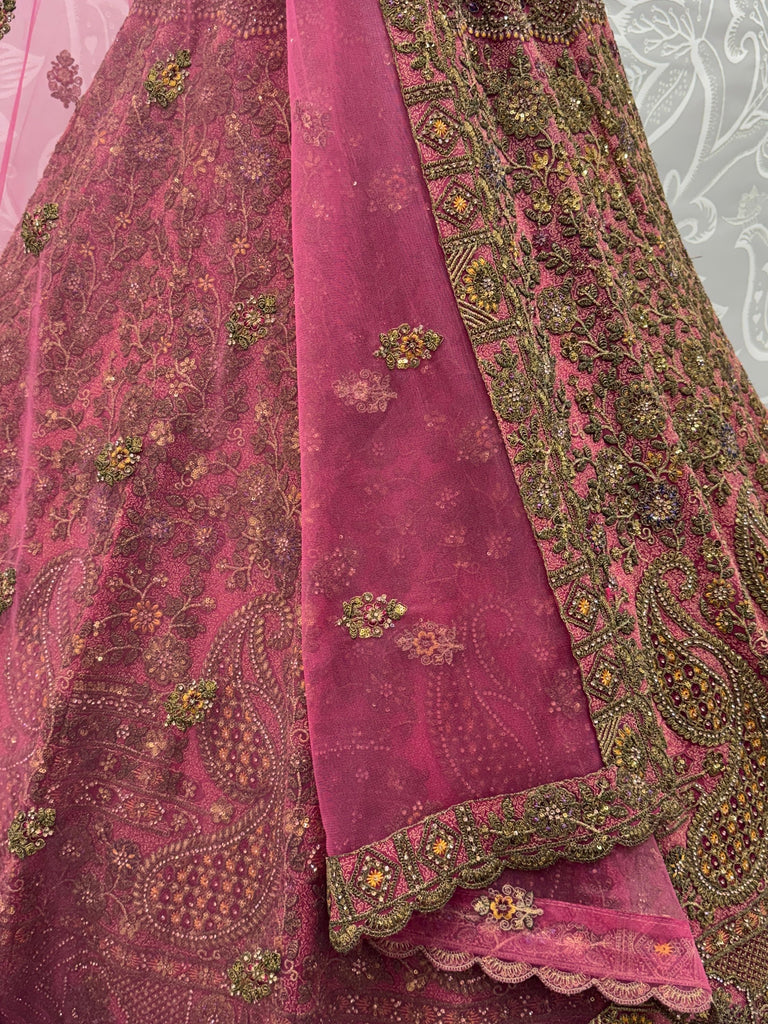 Royal Pink Multi Thread Work Net Bridal Lehenga Choli With Dupatta