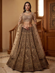 Grand Beige Zari Embroidery Net Sangeet Wear Lehenga Choli With Dupatta