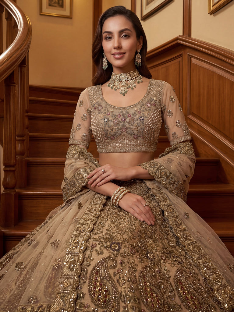 Grand Beige Zari Embroidery Net Sangeet Wear Lehenga Choli With Dupatta