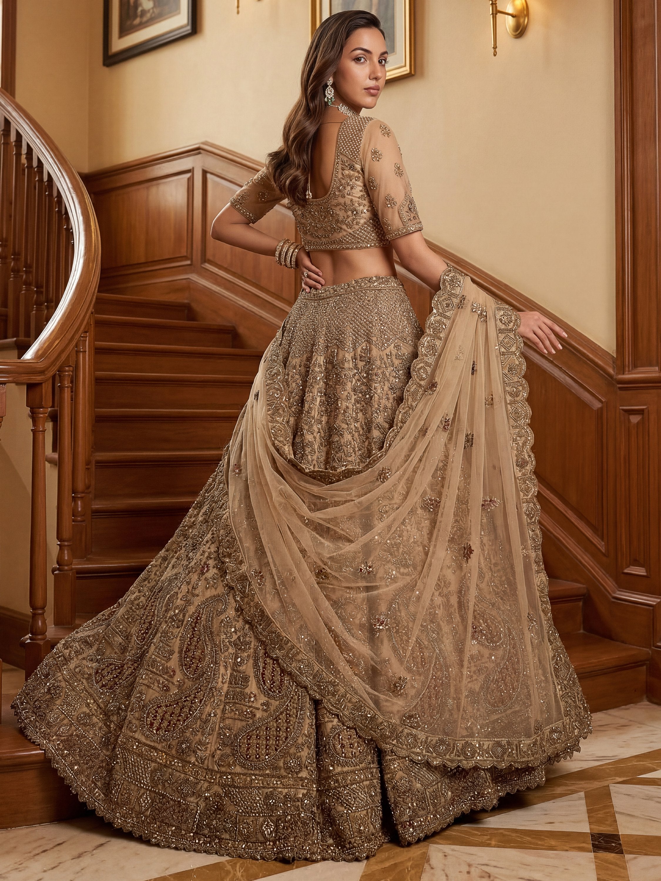 Grand Beige Zari Embroidery Net Sangeet Wear Lehenga Choli With Dupatta