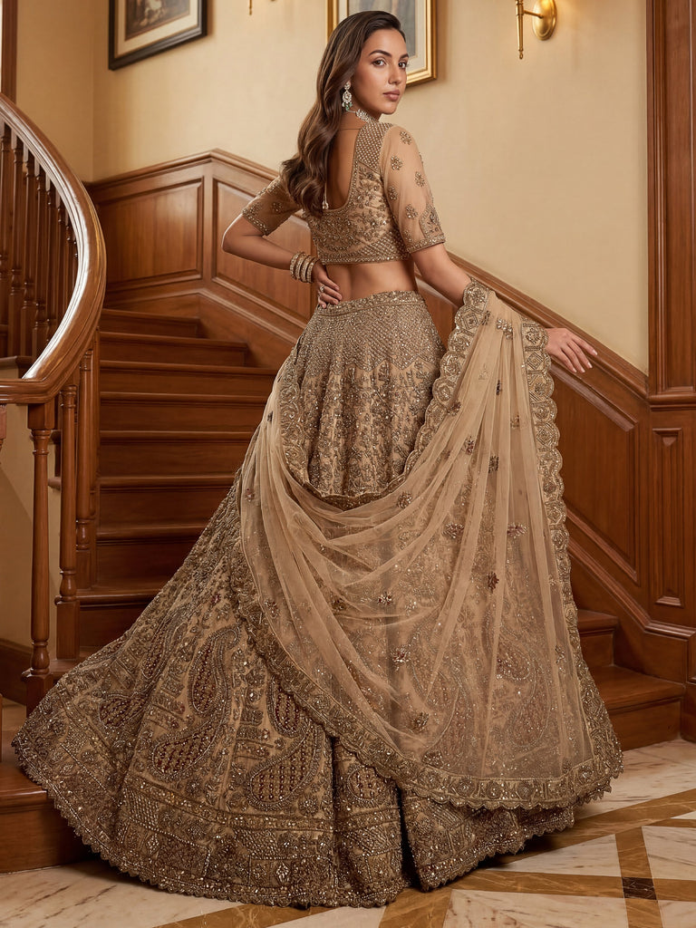 Grand Beige Zari Embroidery Net Sangeet Wear Lehenga Choli With Dupatta