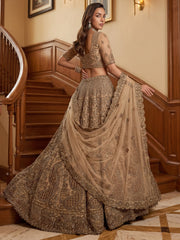 Grand Beige Zari Embroidery Net Sangeet Wear Lehenga Choli With Dupatta