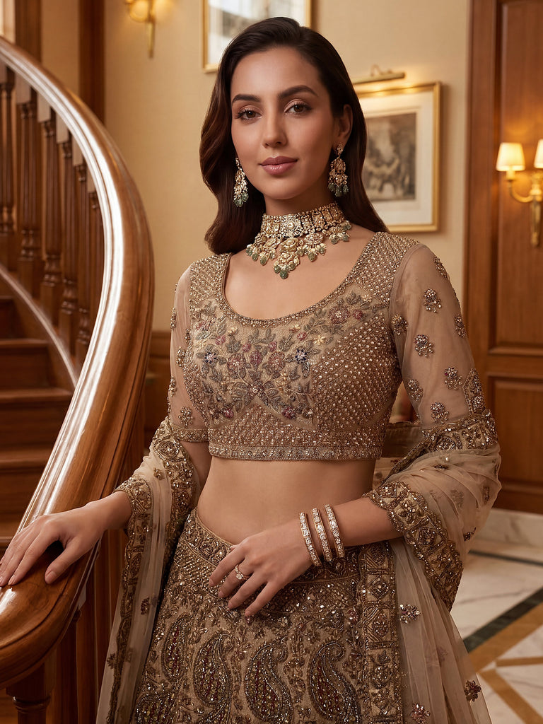 Grand Beige Zari Embroidery Net Sangeet Wear Lehenga Choli With Dupatta