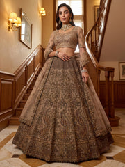 Grand Beige Zari Embroidery Net Sangeet Wear Lehenga Choli With Dupatta