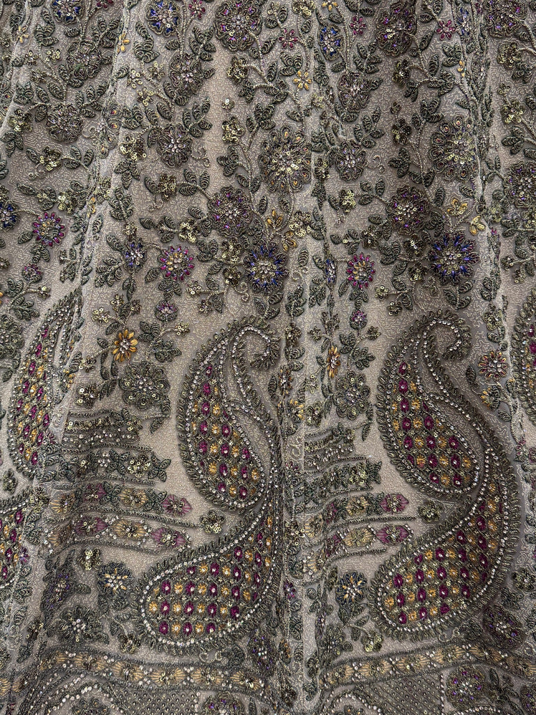 Grand Beige Zari Embroidery Net Sangeet Wear Lehenga Choli With Dupatta