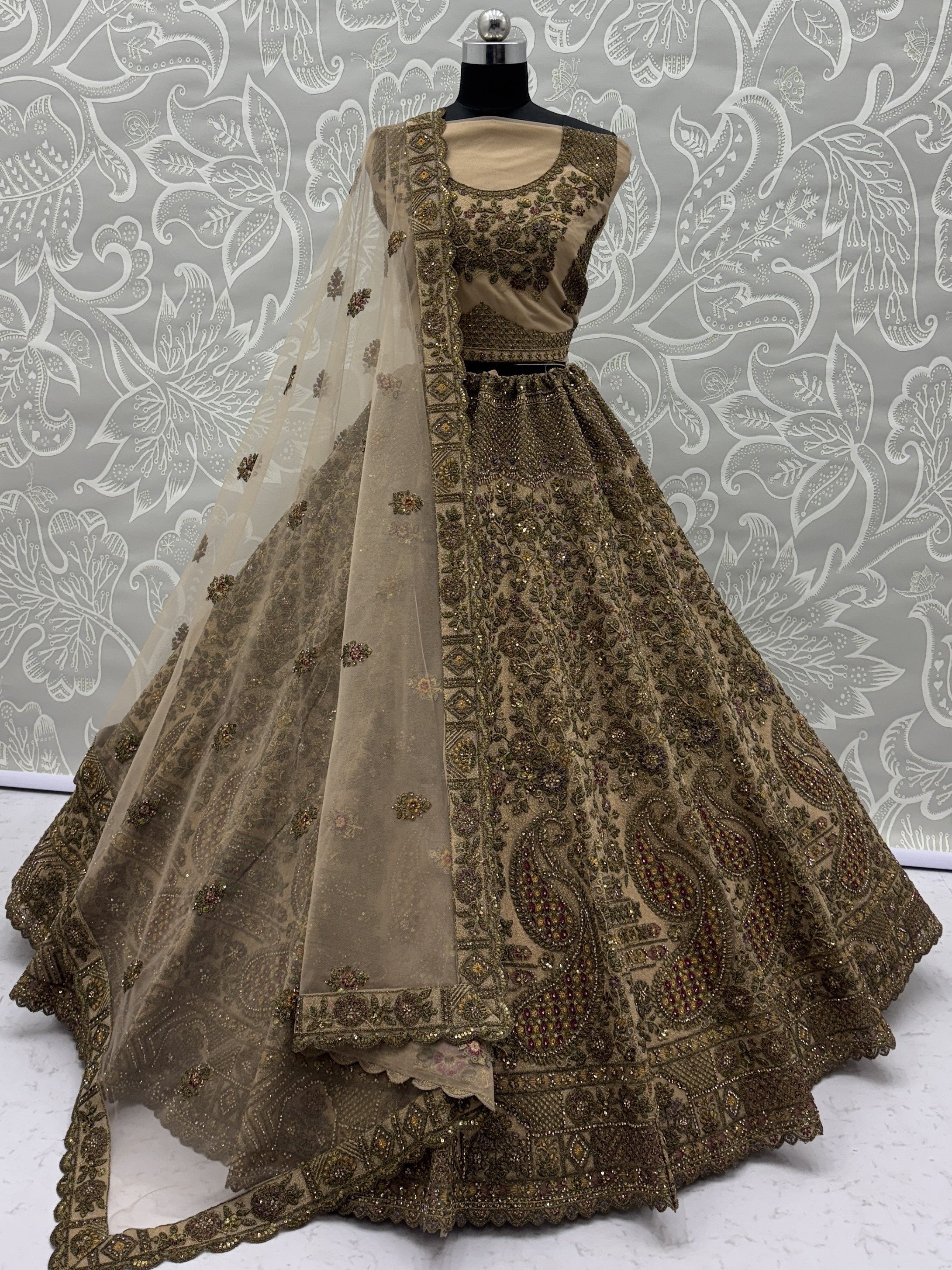 Grand Beige Zari Embroidery Net Sangeet Wear Lehenga Choli With Dupatta