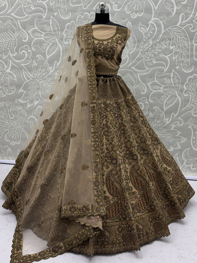 Grand Beige Zari Embroidery Net Sangeet Wear Lehenga Choli With Dupatta