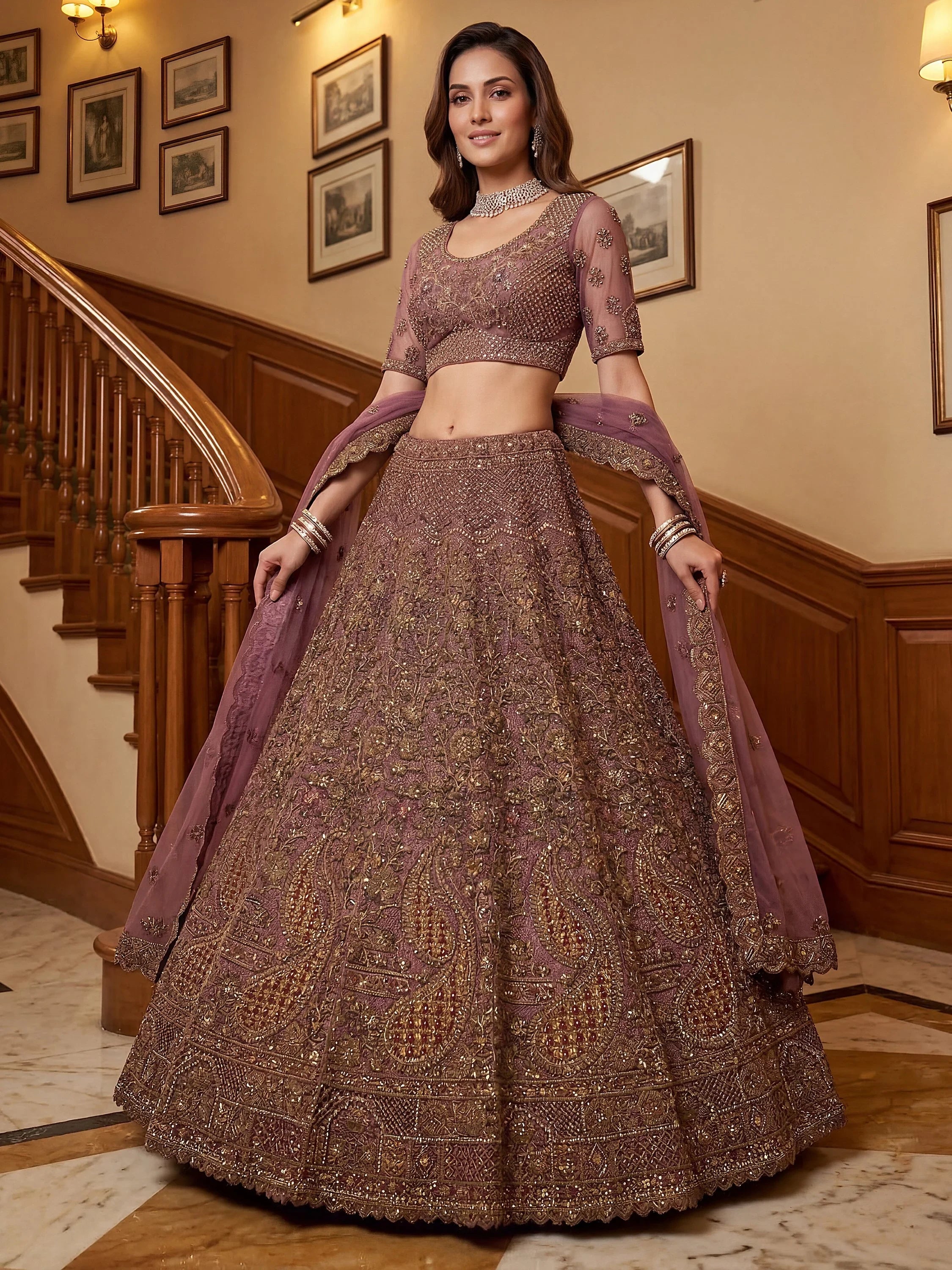 Luxurious Mauve Dori Work Net Reception Wear Lehenga With Blouse
