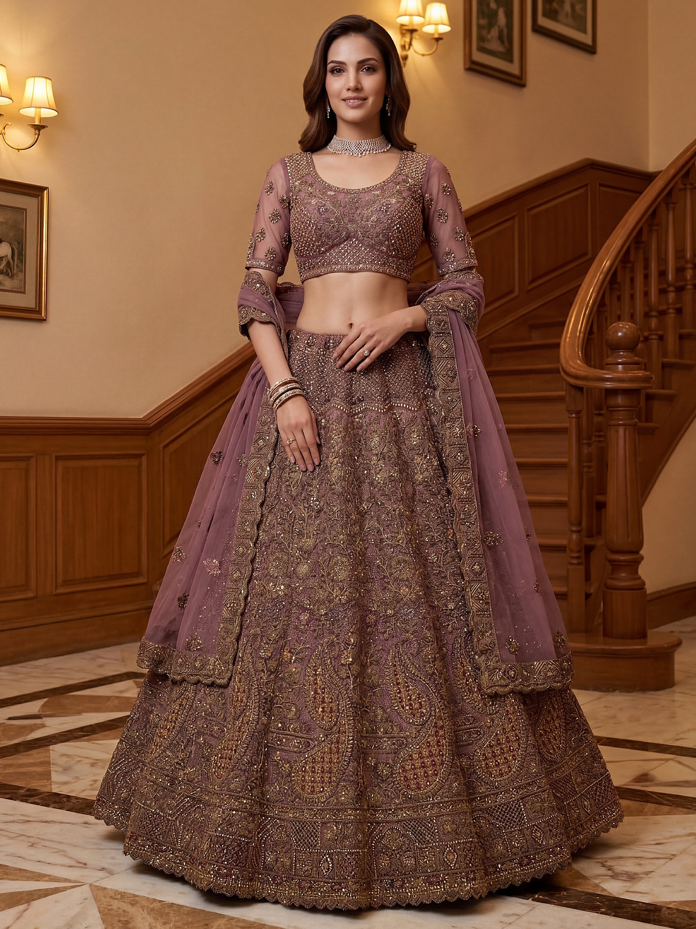 Luxurious Mauve Dori Work Net Reception Wear Lehenga With Blouse