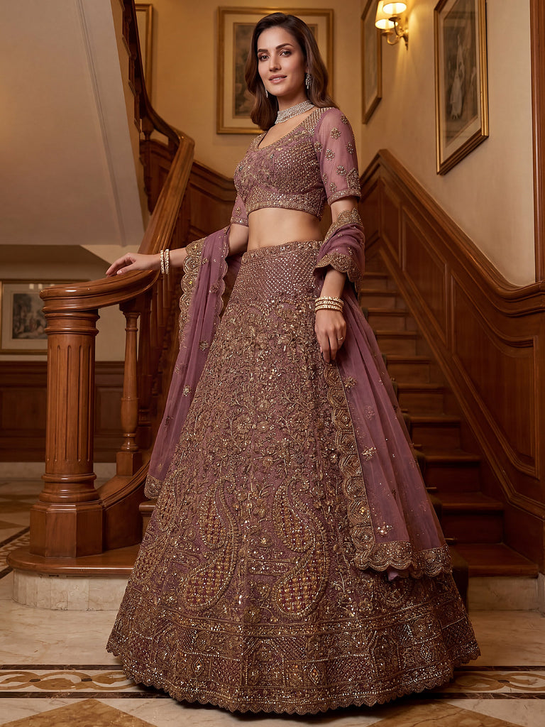 Luxurious Mauve Dori Work Net Reception Wear Lehenga With Blouse