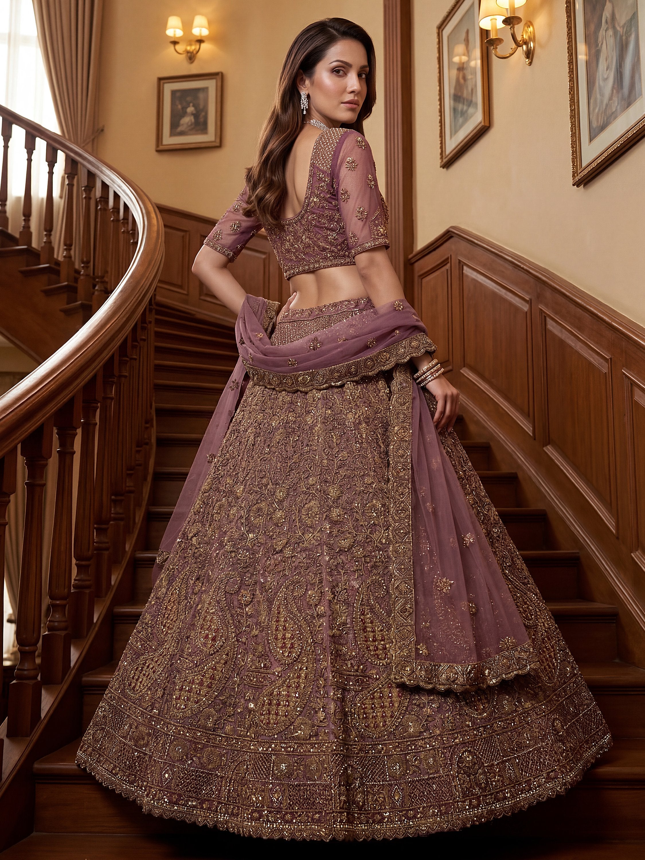 Luxurious Mauve Dori Work Net Reception Wear Lehenga With Blouse