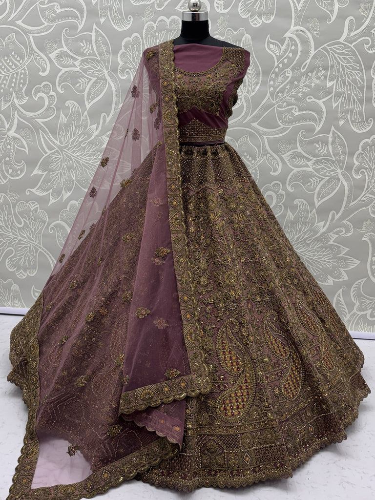 Luxurious Mauve Dori Work Net Reception Wear Lehenga With Blouse