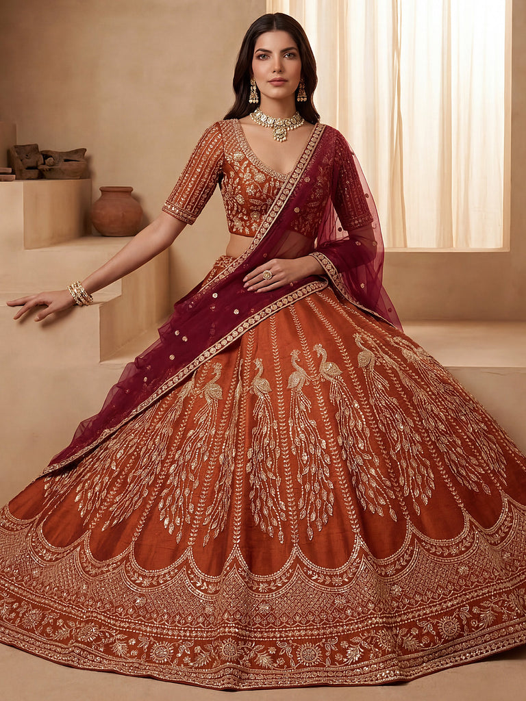 Stylish Rust Orange Hand Work Bridal Lehenga Choli With Double Dupatta