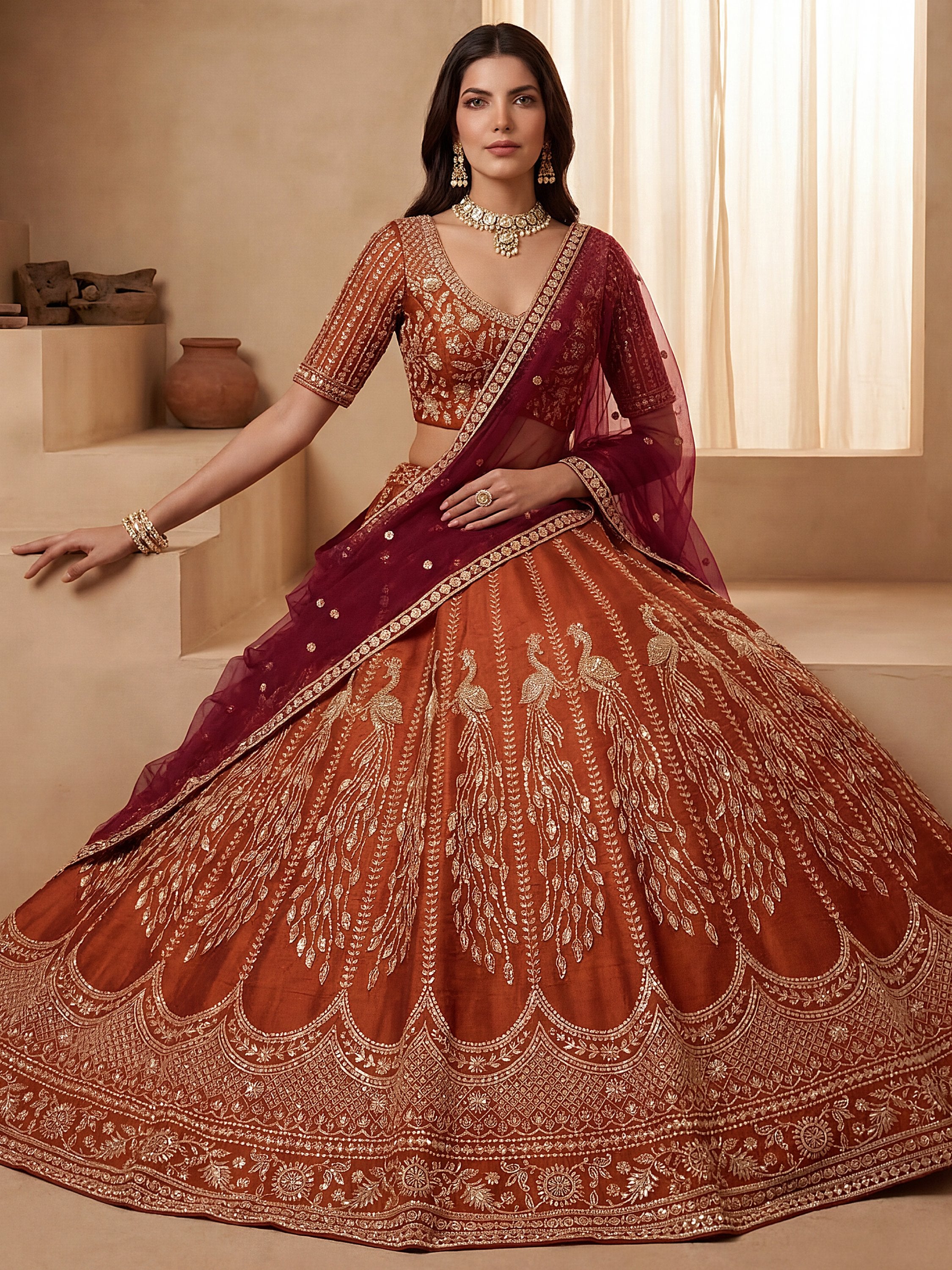 Stylish Rust Orange Hand Work Bridal Lehenga Choli With Double Dupatta