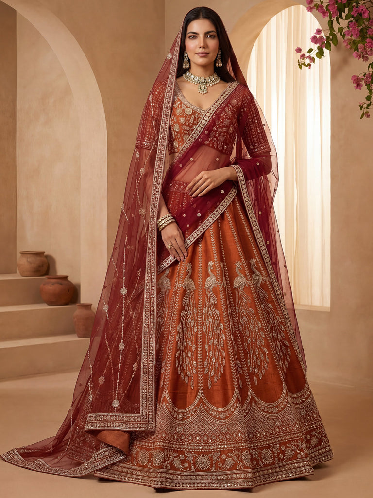 Stylish Rust Orange Hand Work Bridal Lehenga Choli With Double Dupatta