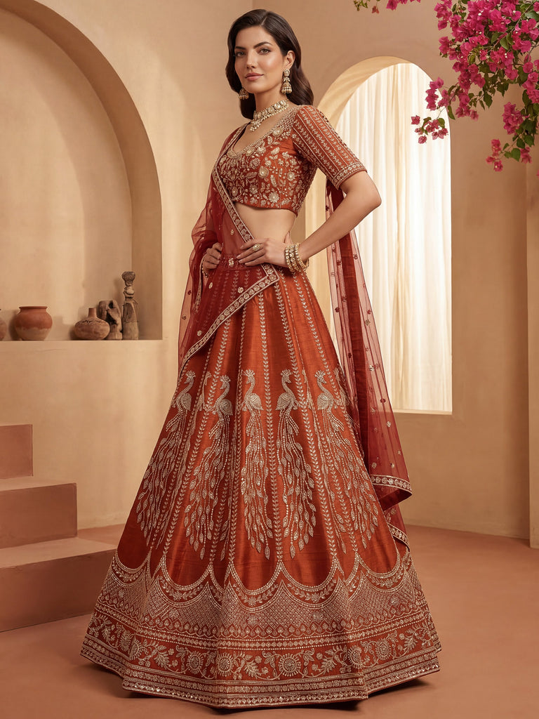 Stylish Rust Orange Hand Work Bridal Lehenga Choli With Double Dupatta