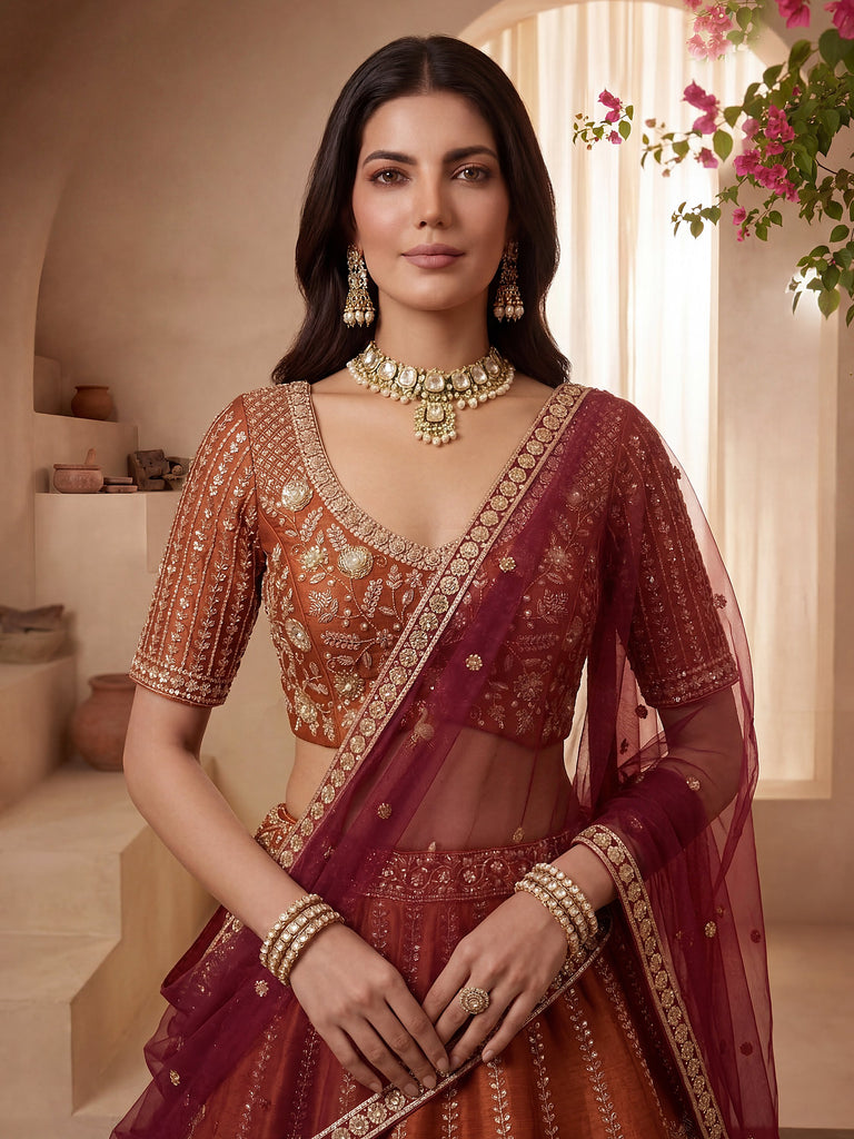Stylish Rust Orange Hand Work Bridal Lehenga Choli With Double Dupatta