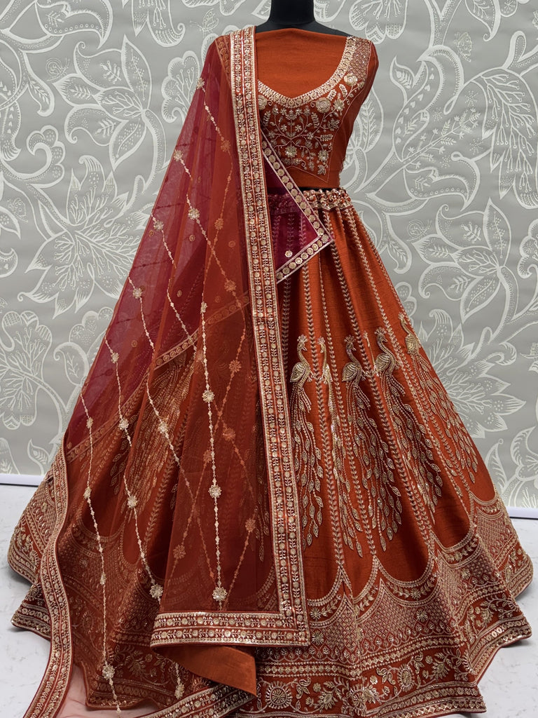Stylish Rust Orange Hand Work Bridal Lehenga Choli With Double Dupatta