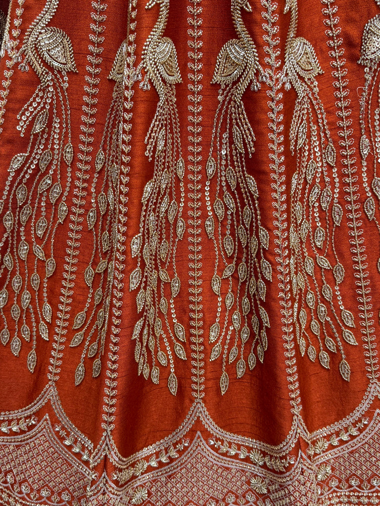 Stylish Rust Orange Hand Work Bridal Lehenga Choli With Double Dupatta