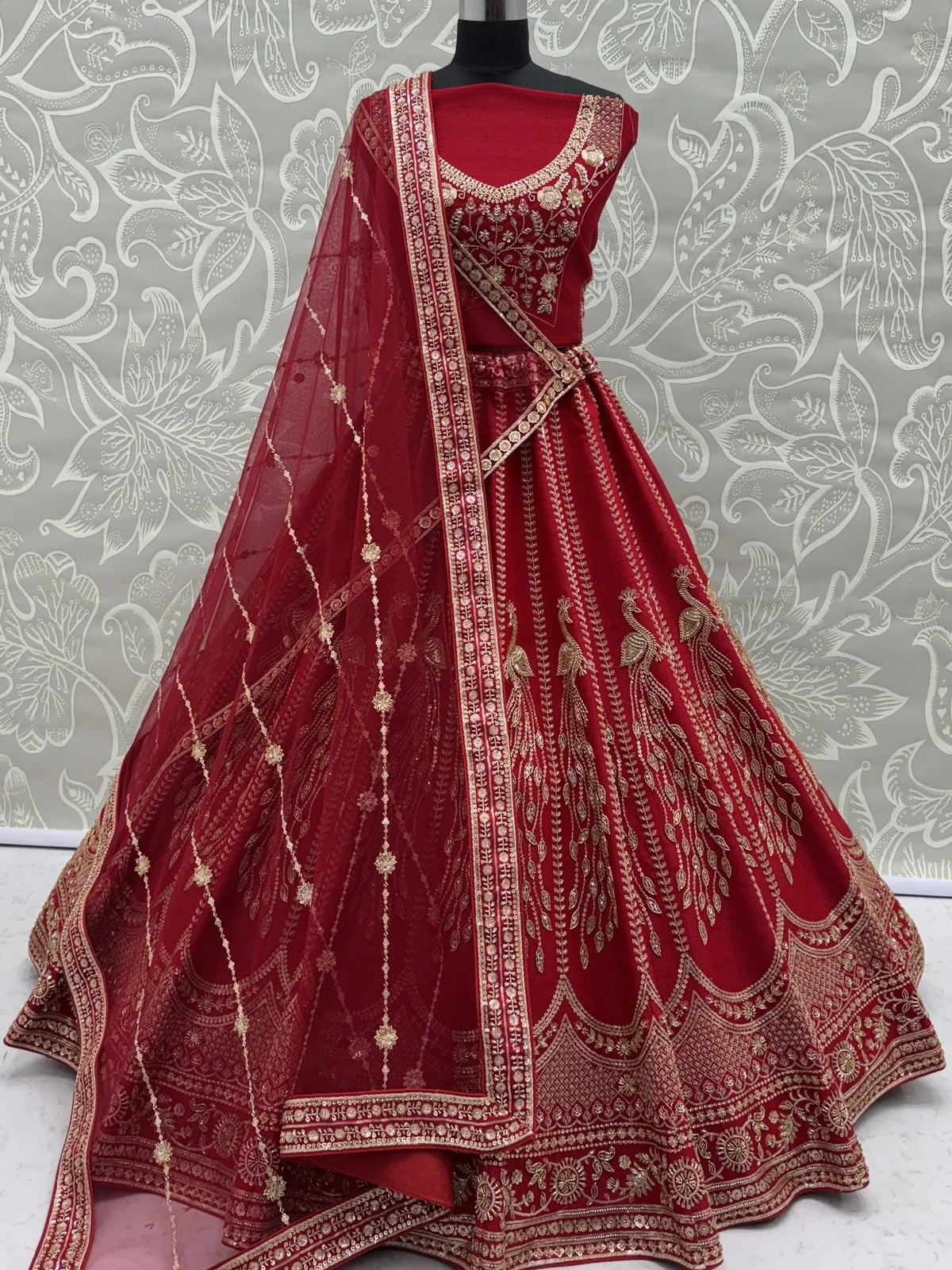 Rich Red Multi Thread Work Bridal Lehenga Choli With Double Dupatta