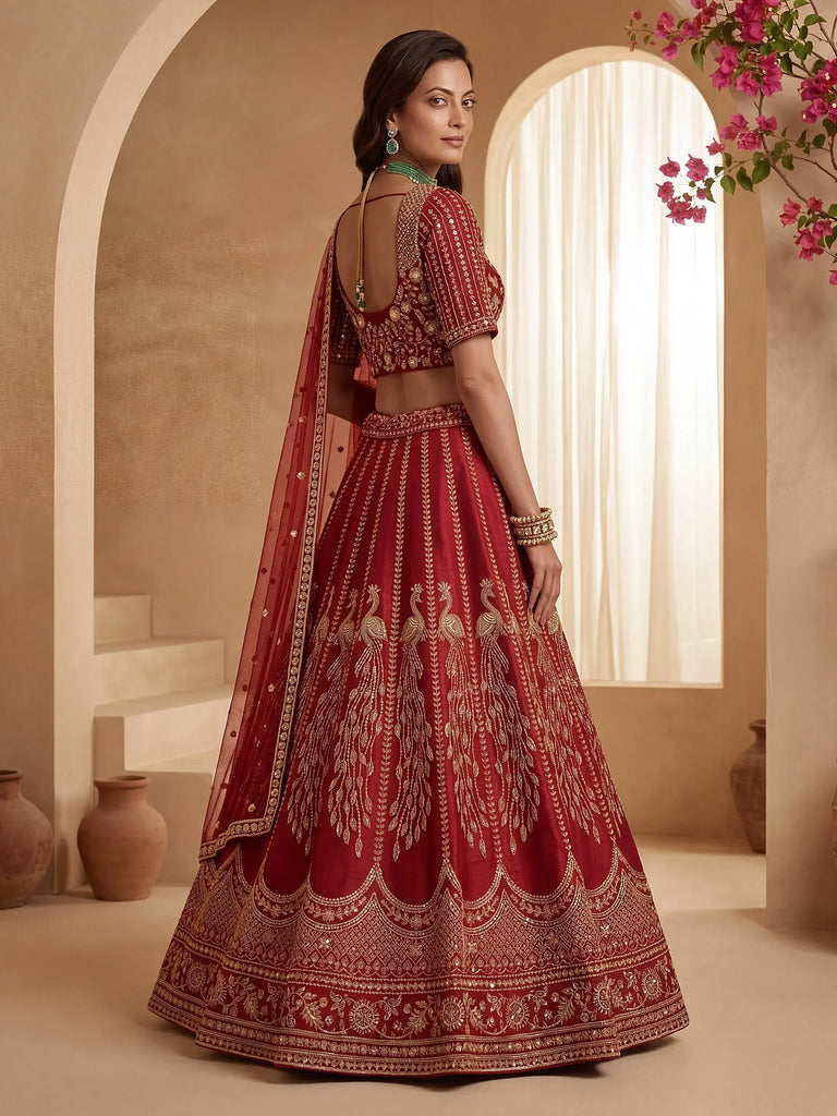 Rich Red Multi Thread Work Bridal Lehenga Choli With Double Dupatta