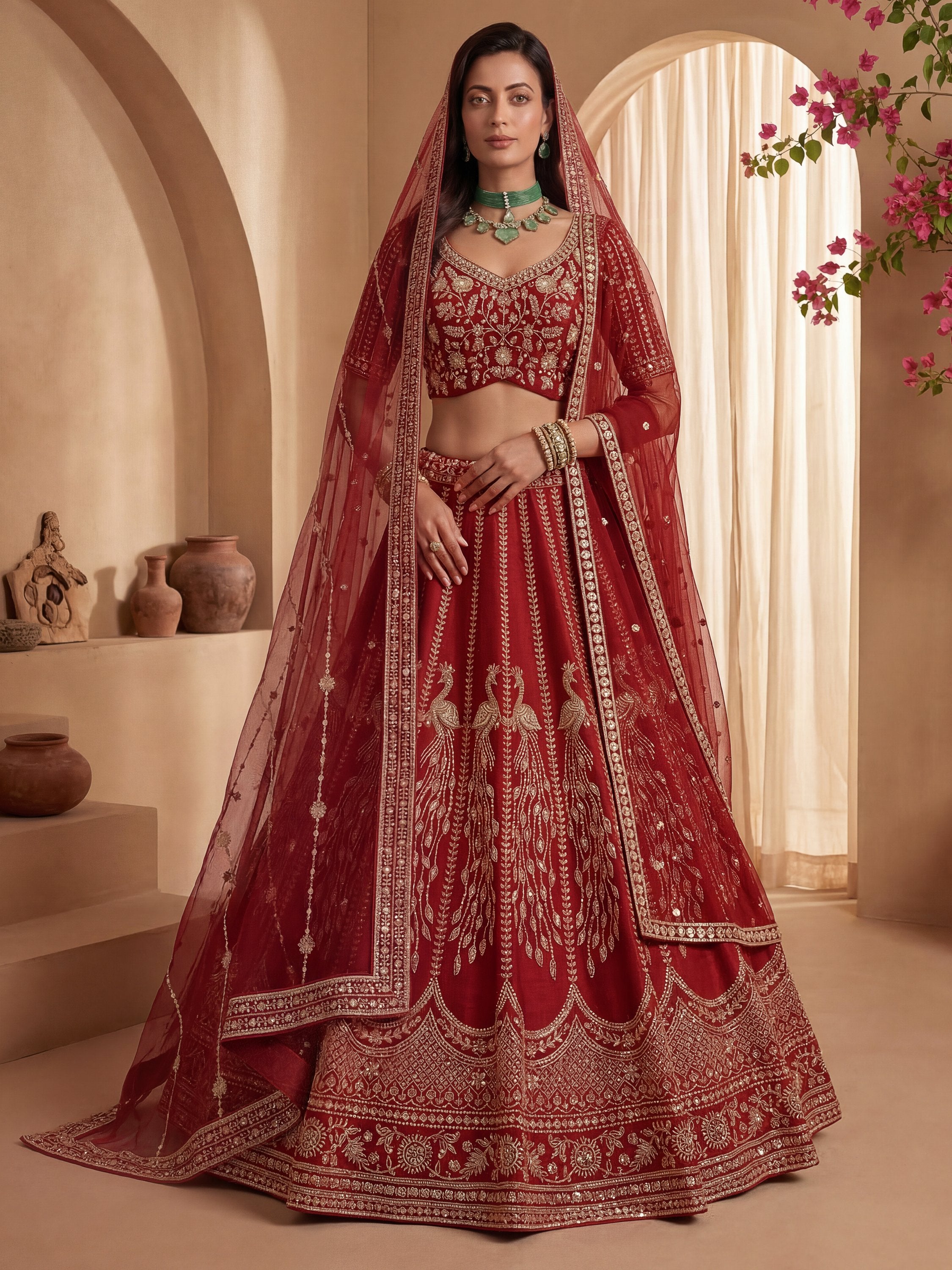 Rich Red Multi Thread Work Bridal Lehenga Choli With Double Dupatta