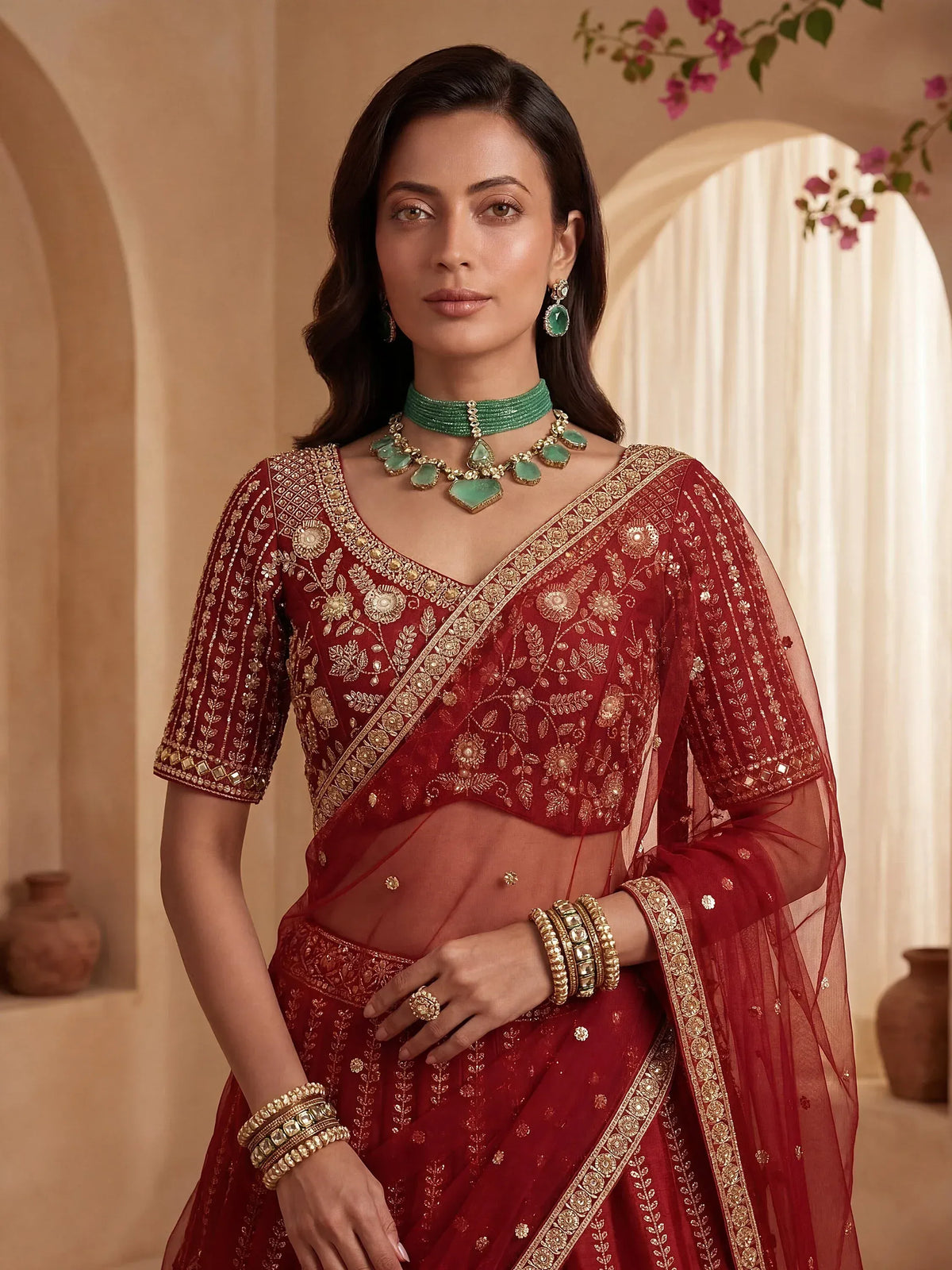 Rich Red Multi Thread Work Bridal Lehenga Choli With Double Dupatta
