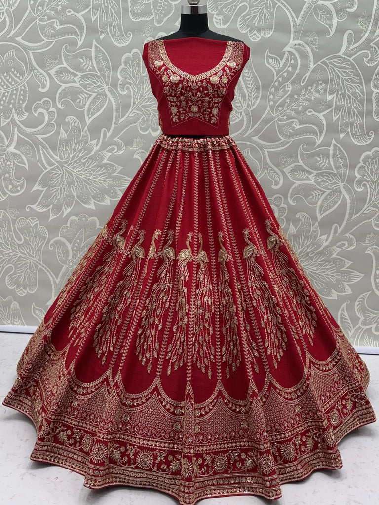 Rich Red Multi Thread Work Bridal Lehenga Choli With Double Dupatta
