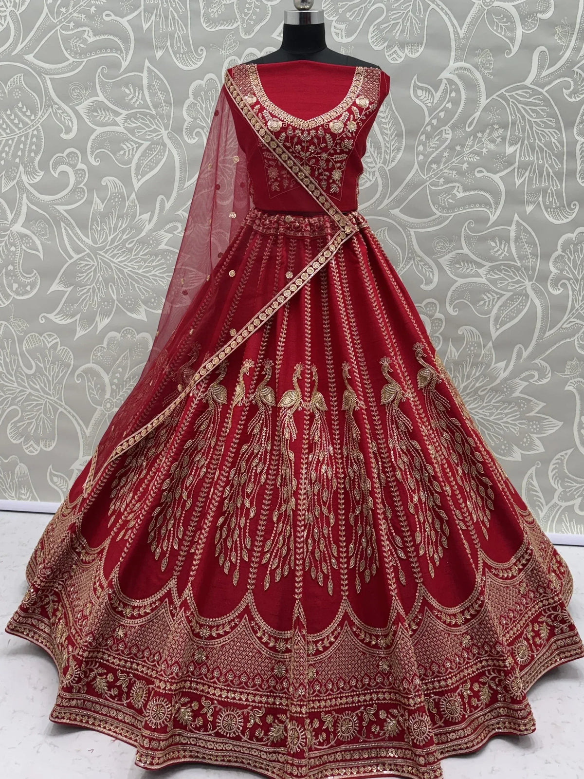 Rich Red Multi Thread Work Bridal Lehenga Choli With Double Dupatta