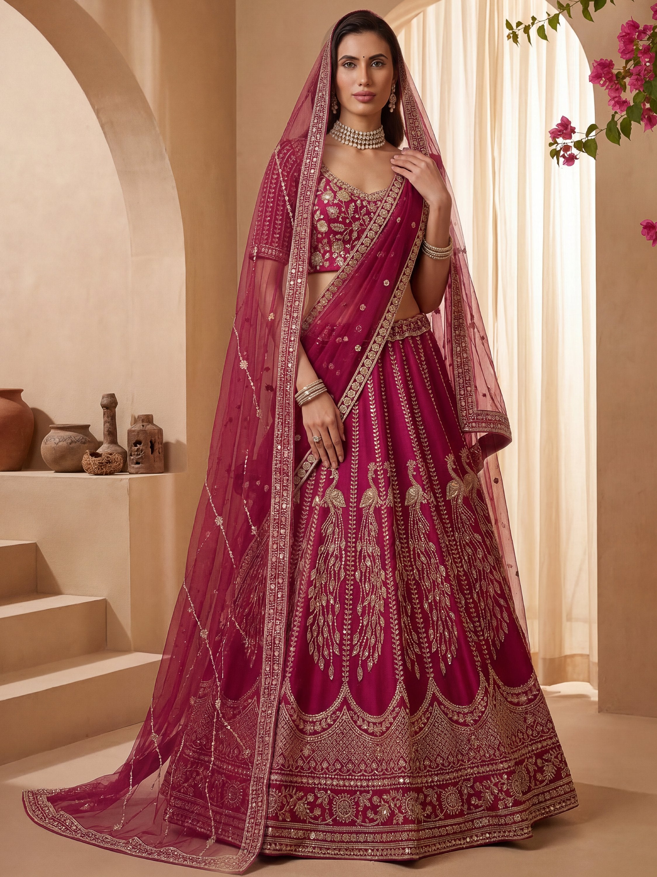 Timeless Pink Dori Work Silk Bridal Lehenga Choli With Double Dupatta