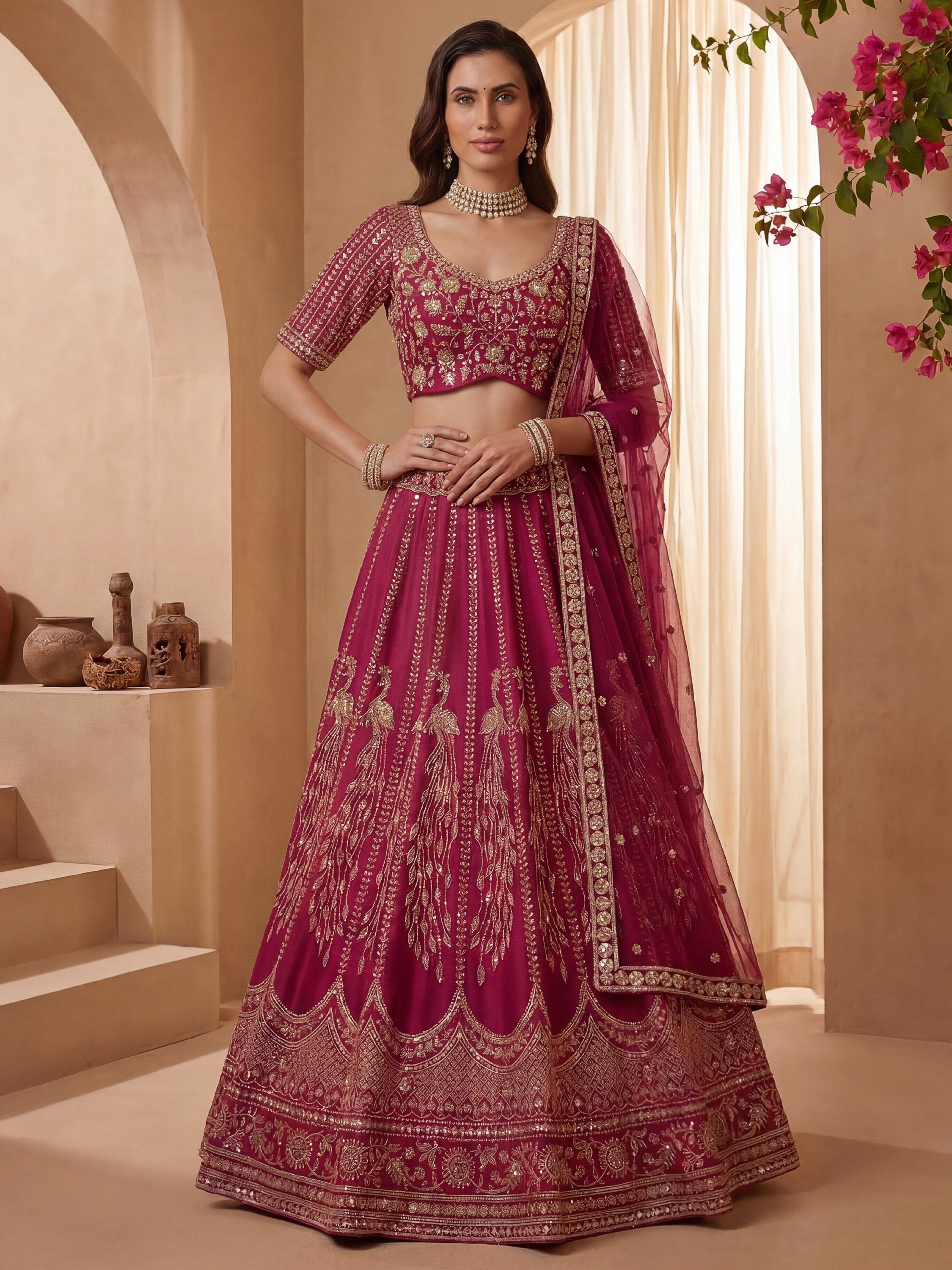 Timeless Pink Dori Work Silk Bridal Lehenga Choli With Double Dupatta
