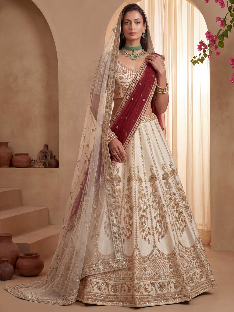 Radiant Off-White Sequins Silk Bridal Lehenga Choli With Double Dupatta