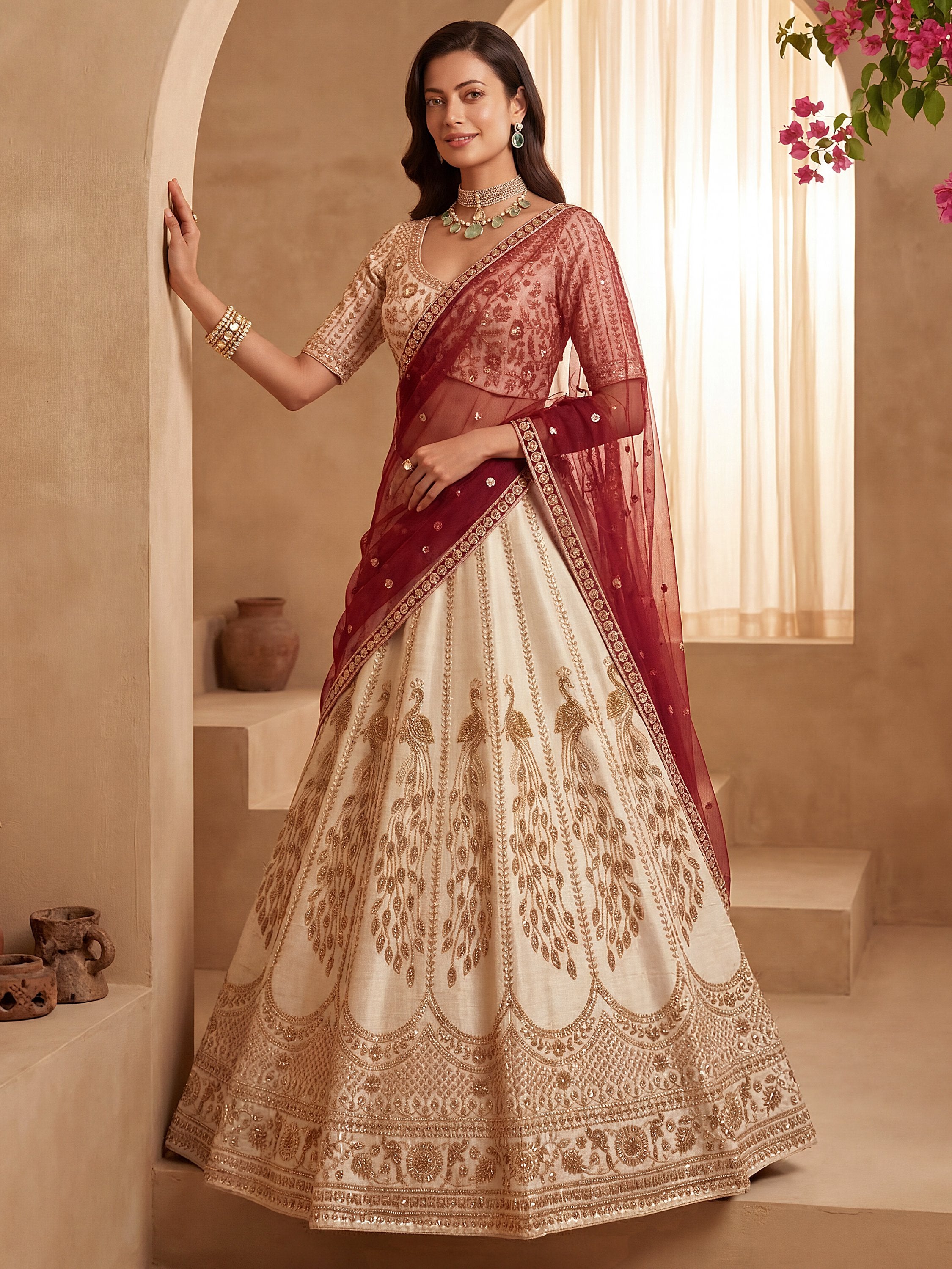 Radiant Off-White Sequins Silk Bridal Lehenga Choli With Double Dupatta