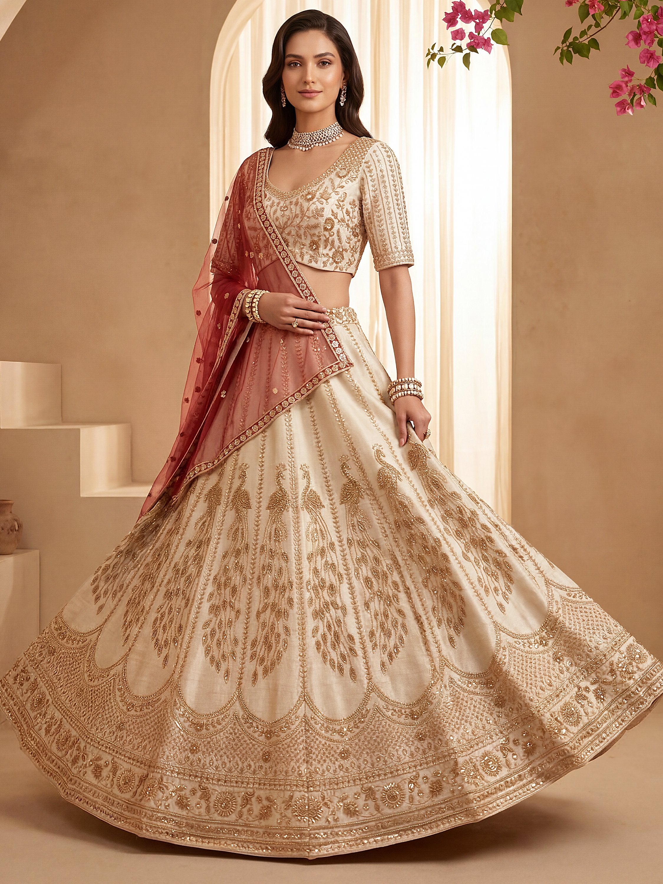 Radiant Off-White Sequins Silk Bridal Lehenga Choli With Double Dupatta