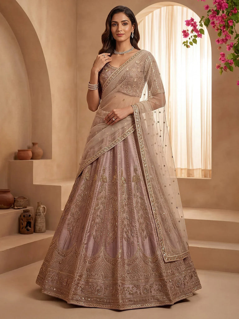 Dazzling Mauve Zari Work Silk Bridal Lehenga Choli With Double Dupatta