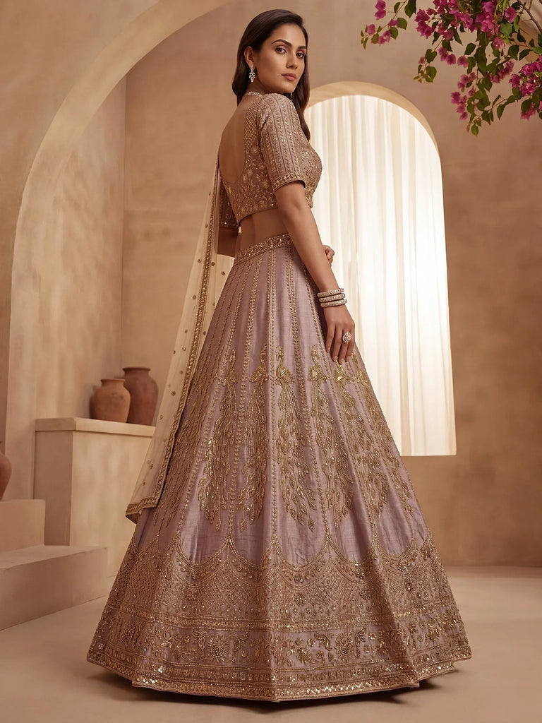 Dazzling Mauve Zari Work Silk Bridal Lehenga Choli With Double Dupatta